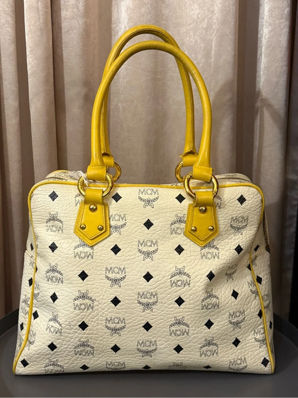MCM White Visetos Double Pocket Satchel with Yellow Leather Trim